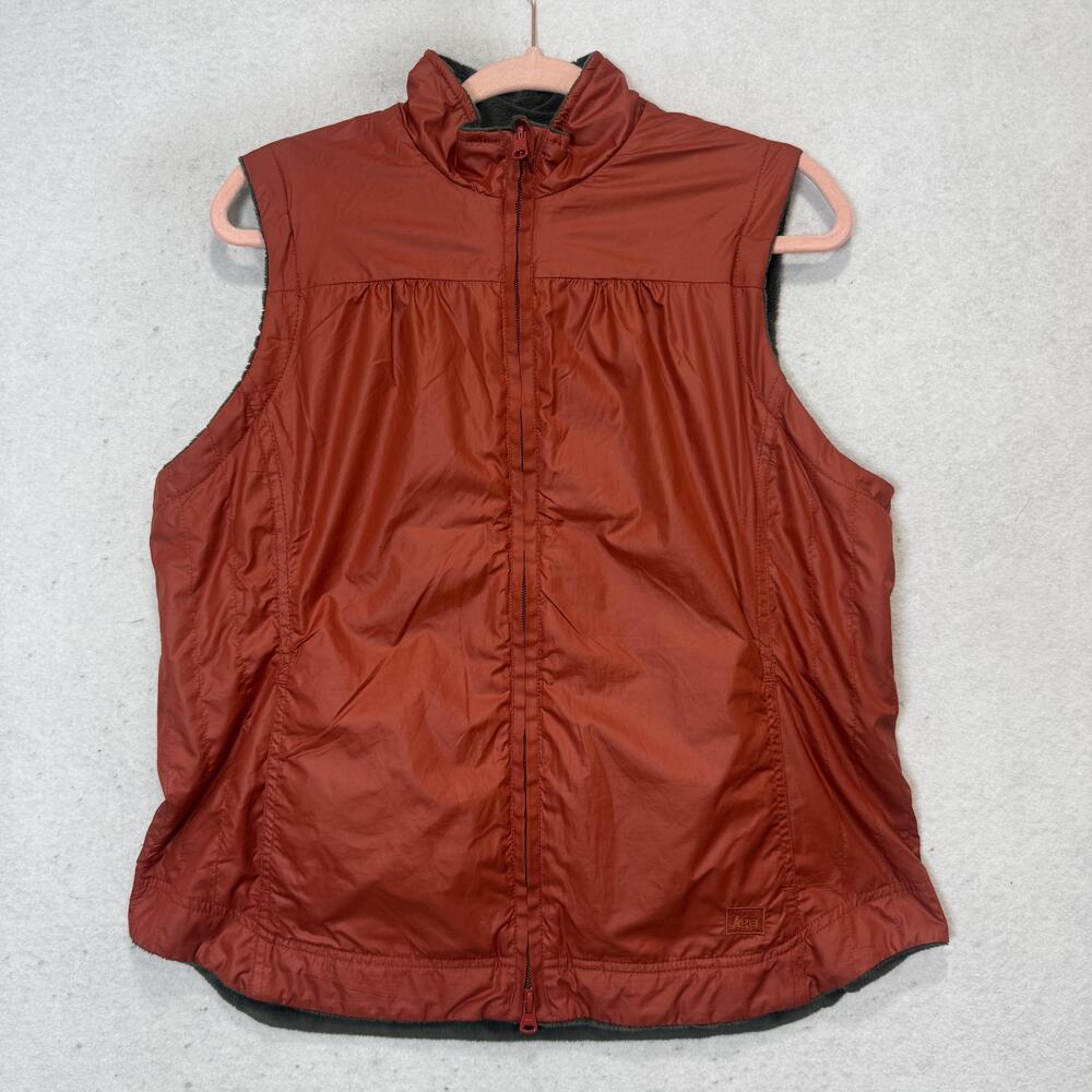 REI Vest Womens Large Orange Gray Reversible Fleece Full Zip Pockets Outdoor